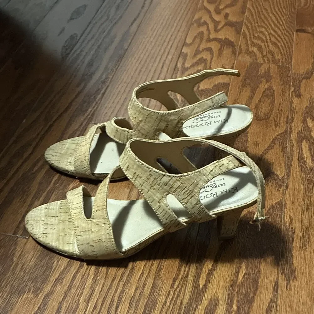 Kim Rogers Cork Strappy Buckle Comfort Open Toe Heels Beige Womens 7.5M